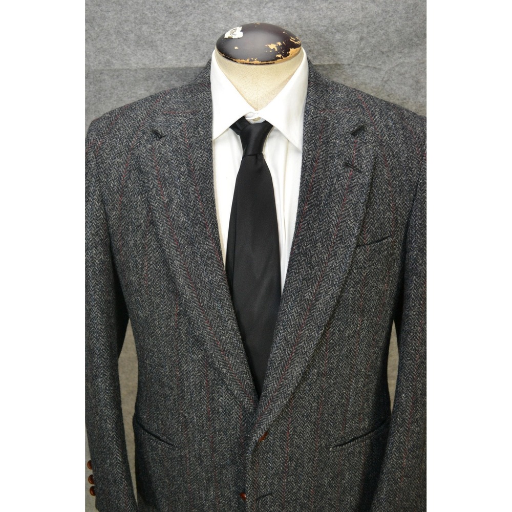 VTG Harris Tweed Blazer Men 40 Gray Herringbone Wool Sport Coat 80s Saks 5th Ave